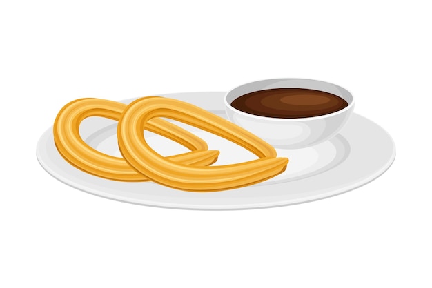 Churros de pastelería Choux con chocolate caliente como postre de la cocina española servido en el plato Ilustración vectorial