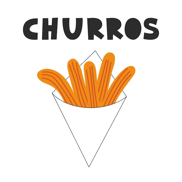 Churros de postre tradicionales mexicanos y españoles en un paquete, con letras.