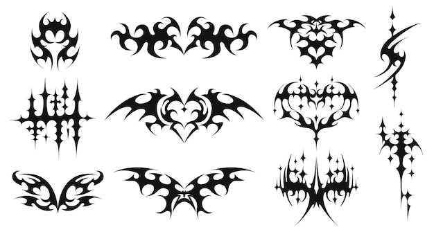 El ciber sigilismo da forma a los tatuajes tribales neo, los picos afilados, la mariposa y el corazón demoníaco simétrico para el diseño de ropa de calle, el conjunto vectorial.
