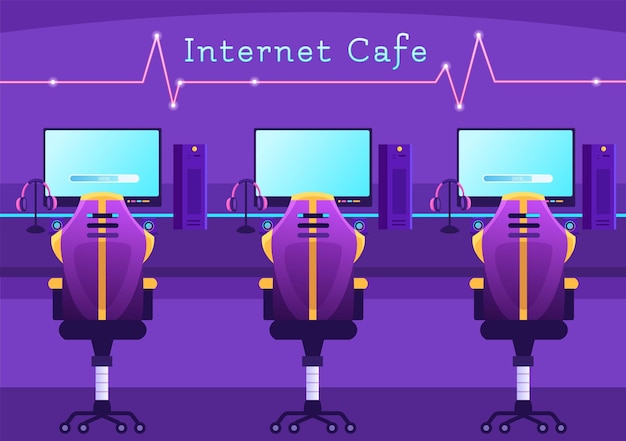 El cibercafé de los jóvenes que juegan juegos y el lugar de trabajo usan una computadora portátil en una ilustración plana de dibujos animados