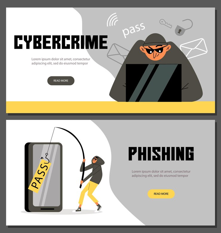 Vector el cibercrimen y el hacker de phishing roban datos personales en los banners de internet establecen ilustraciones vectoriales planas