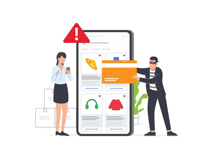 Vector ciberdelincuentes que atacan las compras en línea de una mujer en busca de datos financieros y de tarjetas de crédito. ilustran amenazas digitales como piratería, estafas de phishing, malware y riesgos de seguridad financiera.