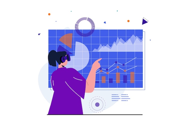 Ciberespacio concepto plano moderno para diseño de banner web Mujer en auriculares VR interactúa con gráfico de datos
