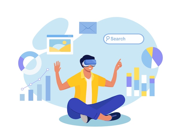 Ciberespacio Metaverso Digital Realidad virtual Tecnología Innovación Educación interactiva en casa Hombre con gafas y auriculares VR Aprendiendo y tocando Elementos de simulación Tecnología cibernética