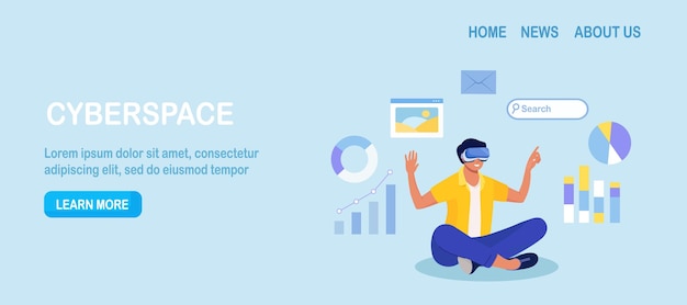 Ciberespacio Metaverso Digital Realidad virtual Tecnología Innovación Educación interactiva en casa Hombre con gafas y auriculares VR Aprendiendo y tocando Elementos de simulación Tecnología cibernética