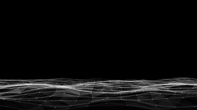 Ciberespacio oscuro en fondo digital onda de tecnología abstracta vectorial con puntos y líneas de movimiento