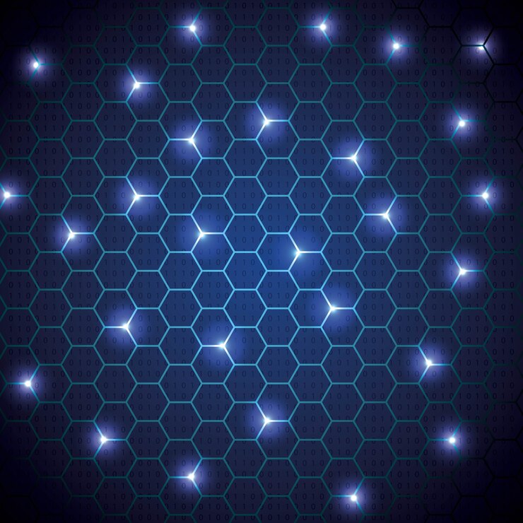 Vector ciberseguridad digital colmena azul circuito fondo binario números