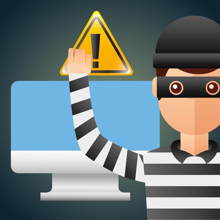 Vector ciberseguridad ladrón hacker computadora y alerta virus de la señal