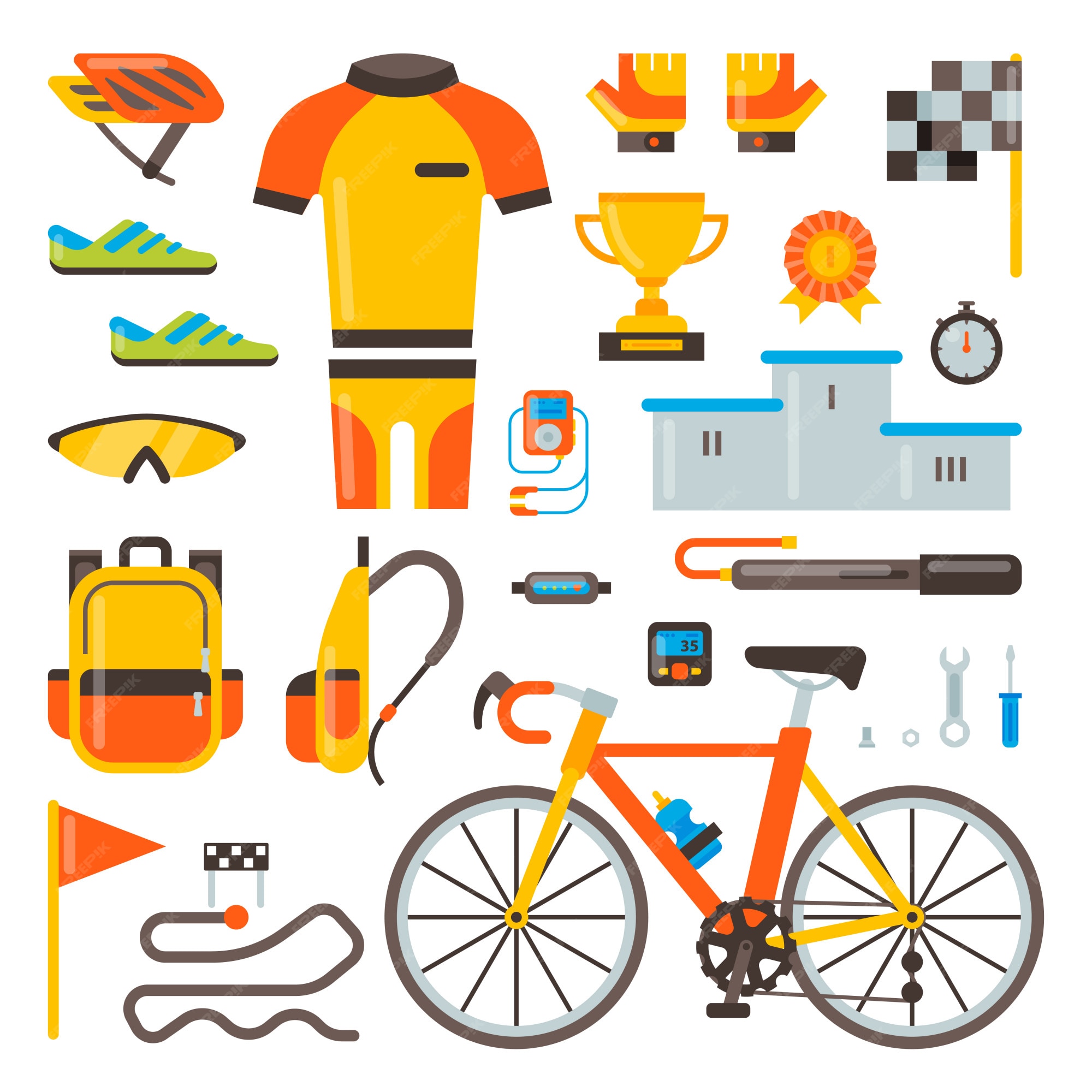 Frente Realmente compilar Ciclismo en bicicleta accesorios de bicicleta de ciclista o ciclista en ropa  deportiva, ropa con casco ilustración conjunto de elementos de carrera en  bicicleta aislado | Vector Premium