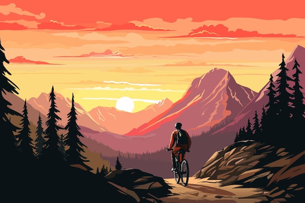 Ciclismo de montaña paisaje plano vector arte ilustración retro vintage cartel
