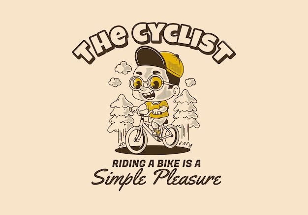 Vector el ciclista andar en bicicleta es una simple ilustración de placer de un niño andando en bicicleta, pinos, estilo retro