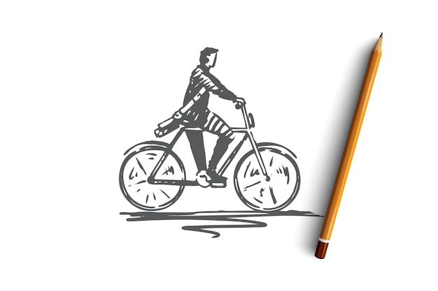 Ciclista, bicicleta, bicicleta, persona, concepto de acción. Persona dibujada mano en bicicleta bosquejo del concepto al aire libre. ilustración.