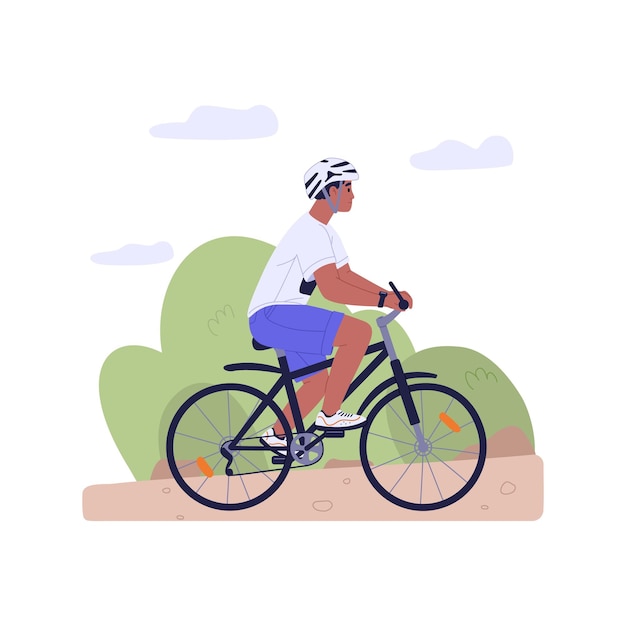 Ciclista en bicicleta a lo largo de la carretera del parque Hombre con casco de viaje en bicicleta Ciclista montando en la naturaleza Ciclista en movimiento Actividad de verano al aire libre Ilustración vectorial plana aislada en fondo blanco