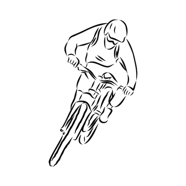 Ciclista de montaña, bicicleta de montaña, dibujo, ilustración vectorial de contorno