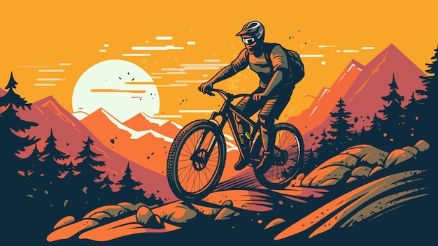 Ciclista de montaña extrema montando bicicleta en una ilustración de vector de fondo hermosa puesta de sol