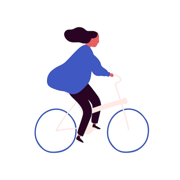 Ciclista de mujer de dibujos animados sin preocupaciones con ilustración plana de vector de pelo ondulado. las mujeres activas disfrutan de un estilo de vida saludable aislado en blanco. chica de moda montando en bicicleta.