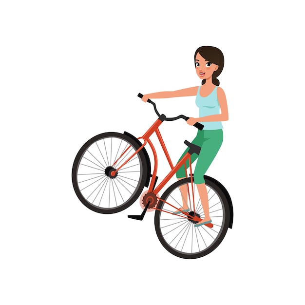 Una ciclista sonriente montando una bicicleta vector de concepto de estilo de vida activo ilustraciones aisladas sobre un fondo blanco