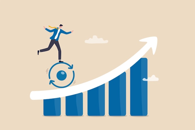 Ciclo de desarrollo de mejora continua para mejorar la estrategia empresarial de calidad para crecer y tener éxito concepto de desarrollo de crecimiento empresario montando ciclo de mejora cuesta arriba en el gráfico de crecimiento empresarial