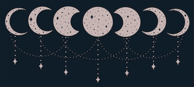 Ciclo lunar con estrellas. Arte vectorial mágico