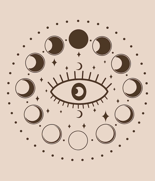 Ciclo lunar con ojo y estrellas Arte vectorial mágico