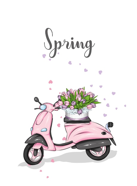 Vector ciclomotor y un ramo de tulipanes ilustración vectorial para tarjeta de felicitación o póster flores de primavera