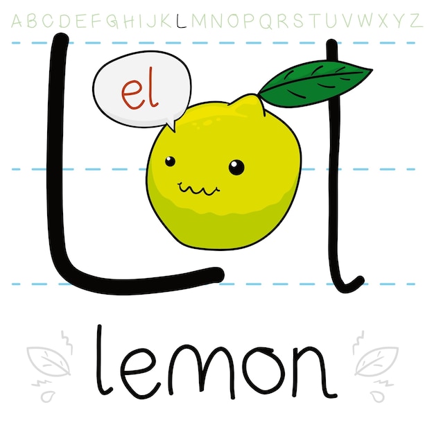 Ácido y lindo limón entre mayúscula y minúscula 'L' listo para aprender el alfabeto