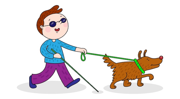 Ciego de paseo con un perro. ilustración vectorial de color