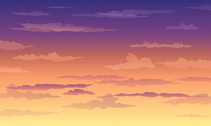 Vector cielo al atardecer en color amarillo-violeta con nubes.