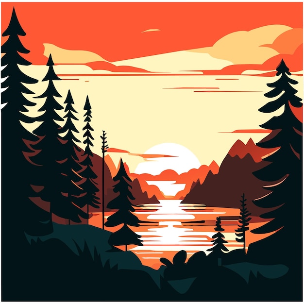 cielo al atardecer sobre pinos y lago vector naturaleza paisaje ilustración vectorial