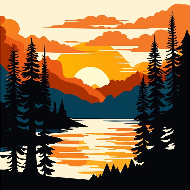 cielo al atardecer sobre pinos y lago vector naturaleza paisaje ilustración vectorial