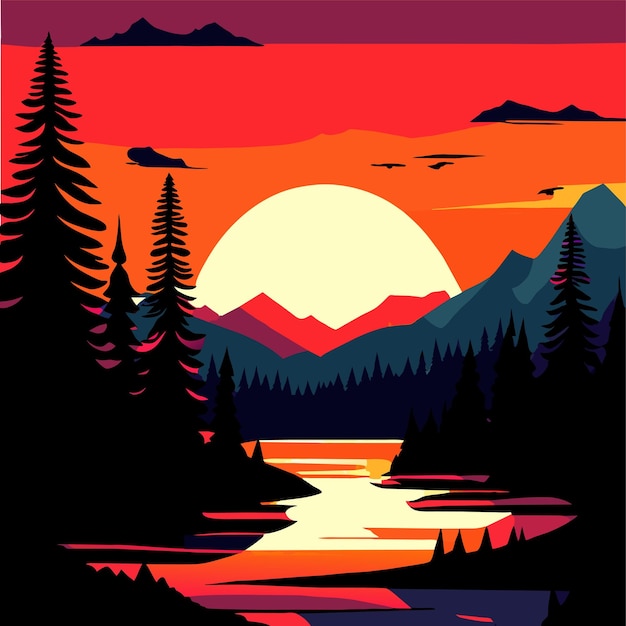 cielo al atardecer sobre pinos y lago vector naturaleza paisaje ilustración vectorial