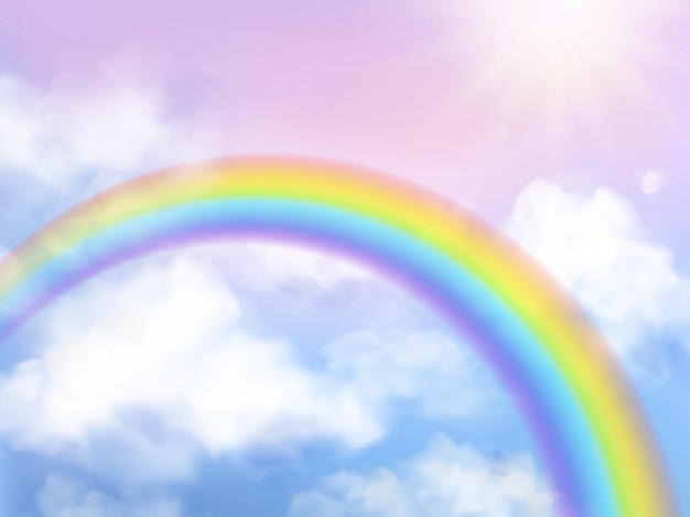 Cielo del arco iris Paisaje de fantasía cielo arco iris en nubes blancas fondo de unicornio femenino iridiscente