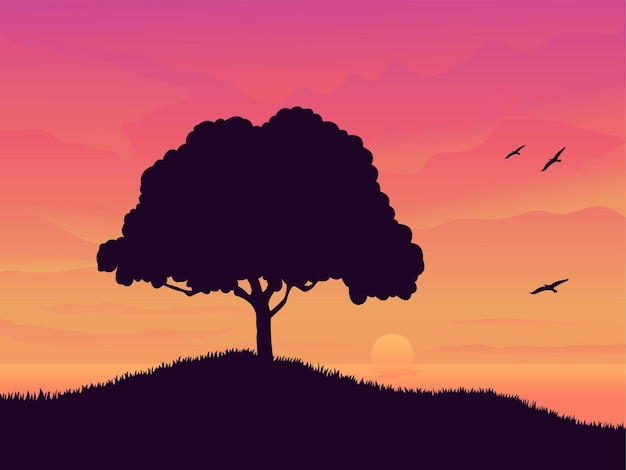 Cielo del atardecer con árbol ilustración de vector de paisaje