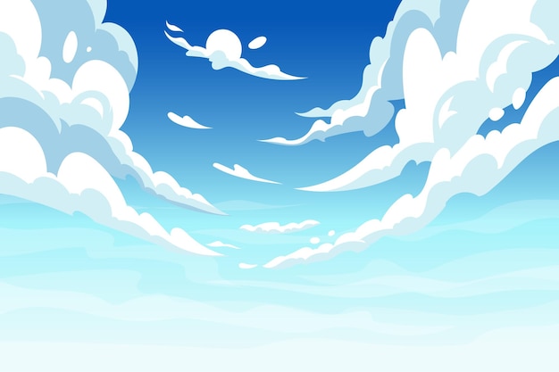 Cielo azul anime curva nubes naturaleza mar sol paisaje gradiente escena nublada hermoso aire claro de primavera hermoso panorama de paisaje nublado diseño de papel tapiz de fondo vectorial llamativo