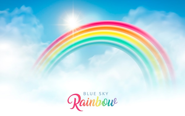 Vector cielo azul brillante con hermoso arco iris, diseño de fondo