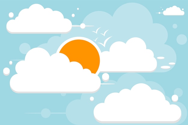Vector cielo azul claro con nubes de sol y pájaros voladores fondo de paisaje nublado