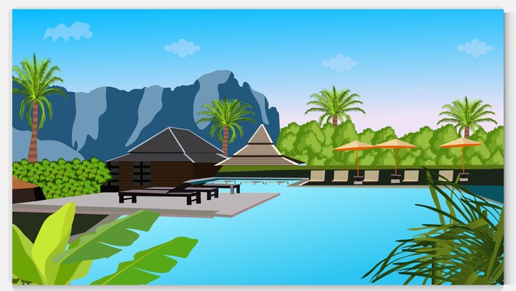 Vector cielo azul de montaña que se refleja en un lago agua hermoso paisaje de fondo ilustración de diseño vectorial paisaje ilustrado con colinas o montañas lago agua fondo azul naturaleza