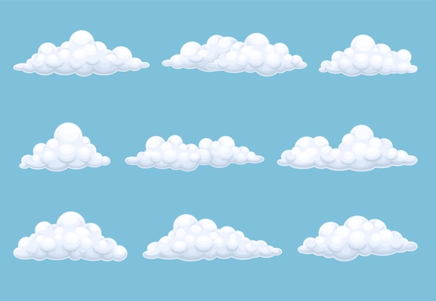 Cielo azul con nubes blancas conjunto de nubes esponjosas ilustración vectorial de dibujos animados