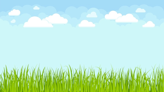 Cielo azul con nubes blancas y hierba verde Paisaje de primavera verano prado vacío Hermosa plantilla de banner de vector de naturaleza plana