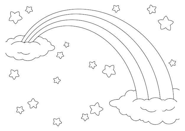 Cielo de cuento de hadas con estrellas de arco iris y nubes página de libro para colorear para niños