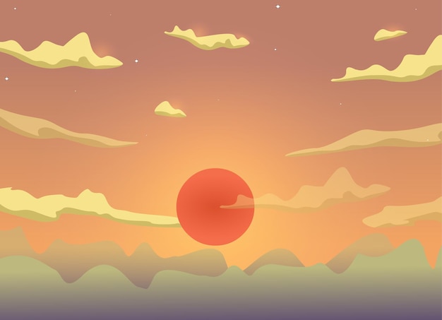 Cielo de dibujos animados al atardecer con nubes, sol, diseño de fondo de vector de luz solar.
