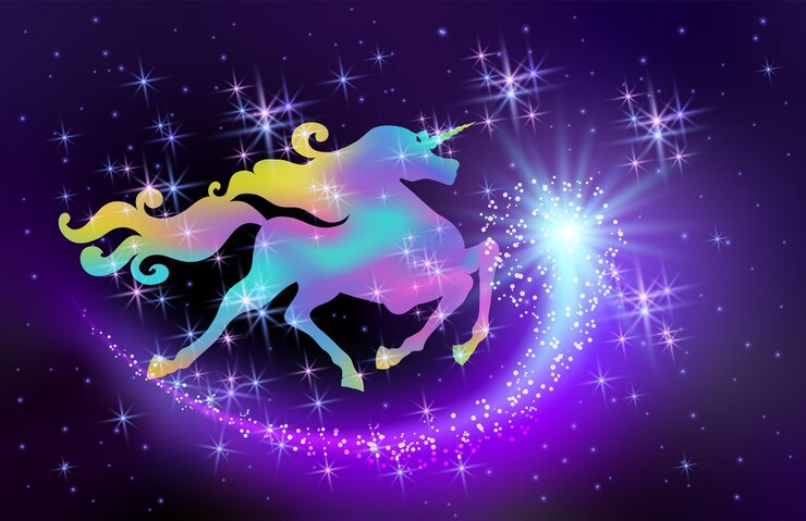 Vector cielo estrellado y unicornio iridescente con lujosa melena sinuosa