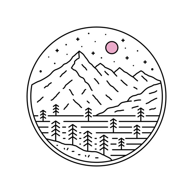 Cielo estrellado de la vida silvestre de Nature Mountain en diseño de arte de línea mono para insignia de etiqueta de camiseta, etc.