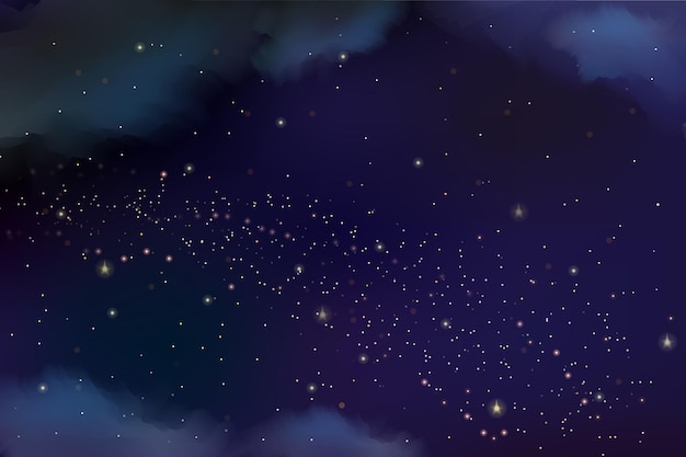 Cielo de estrellas dorado Noche mágica Brillo de luz de estrellas Panorama del espacio Brillo de medianoche de Navidad Galaxia polvo de estrellas dorado Cielo estrellado Nebulosa y Vía Láctea Textura vectorial de fondo