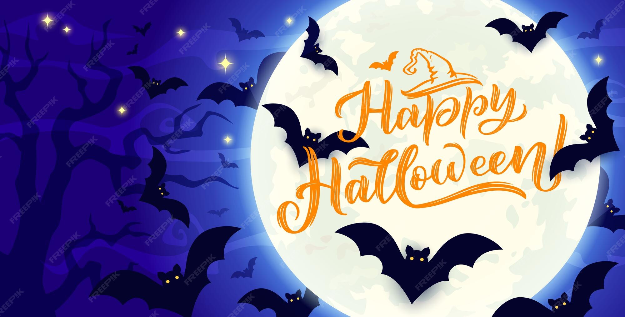 Cielo de halloween de medianoche con murciélagos voladores y luna