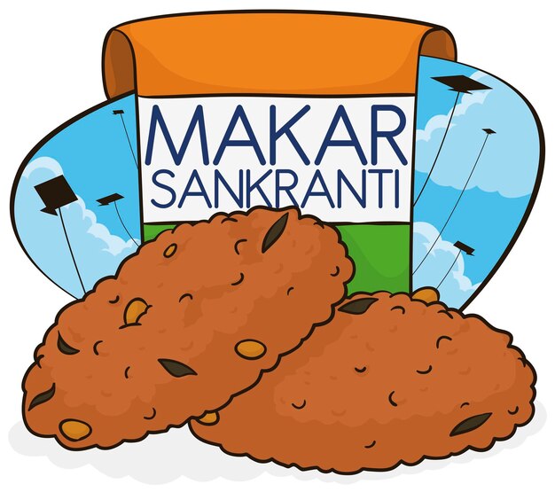 Vector el cielo lleno de cometas voladoras y muestras de masala vadas en servilletas como la bandera de la india para makar sankranti