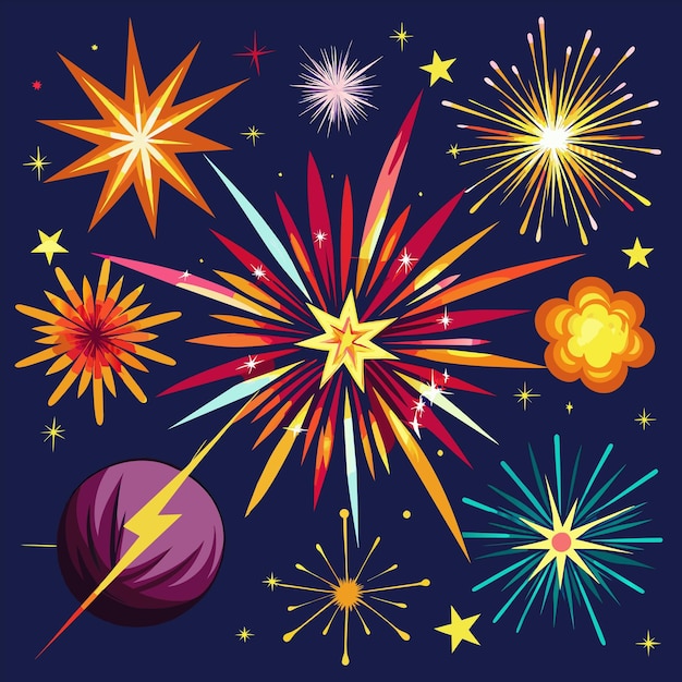un cielo lleno de estrellas con fuegos artificiales y una estrella con una estrella que dice "fuegos artificiales"