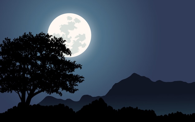 Vector cielo nocturno en colinas con luna llena