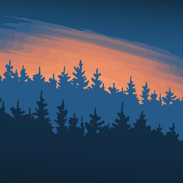 Un cielo nocturno dramático con el resplandor del sol Silueta de bosque de coníferas sobre un fondo azul