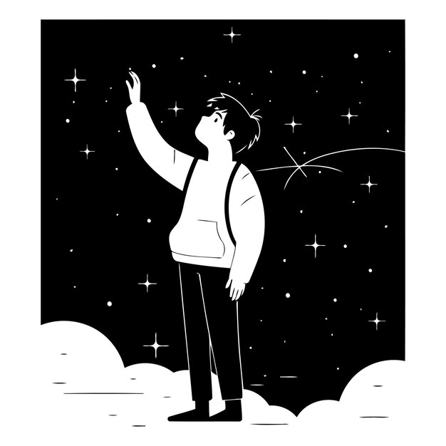 Vector cielo nocturno con estrellas y un niño en estilo plano